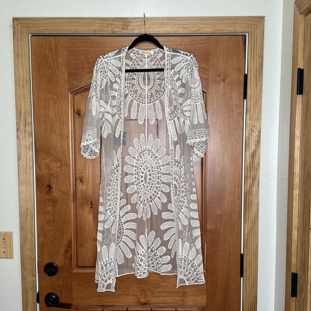 Rebellion Coquette Open Duster‎ Cardigan Antique Cream Embroidered Floral Lace